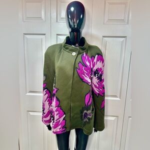 ST. JOHN Olive Green Wool Blend Knit Chrysanthemum Floral Jacket